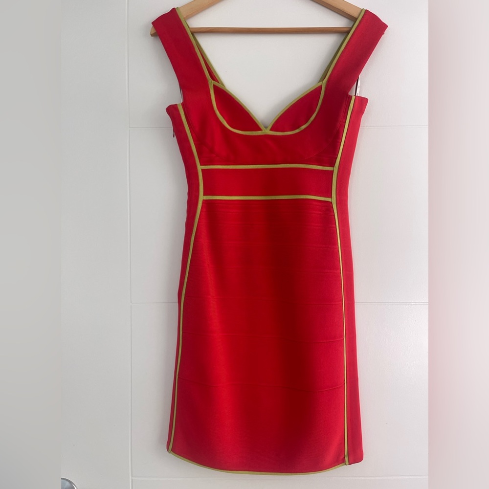 Herve Leger dress - red/orange/coral with green lime piping - Size S